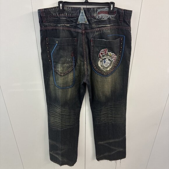 VTG Angelino Mens Dark Wash Detailed Distressed Jeans sz 42X34 Embroidered (N15) - Picture 1 of 13